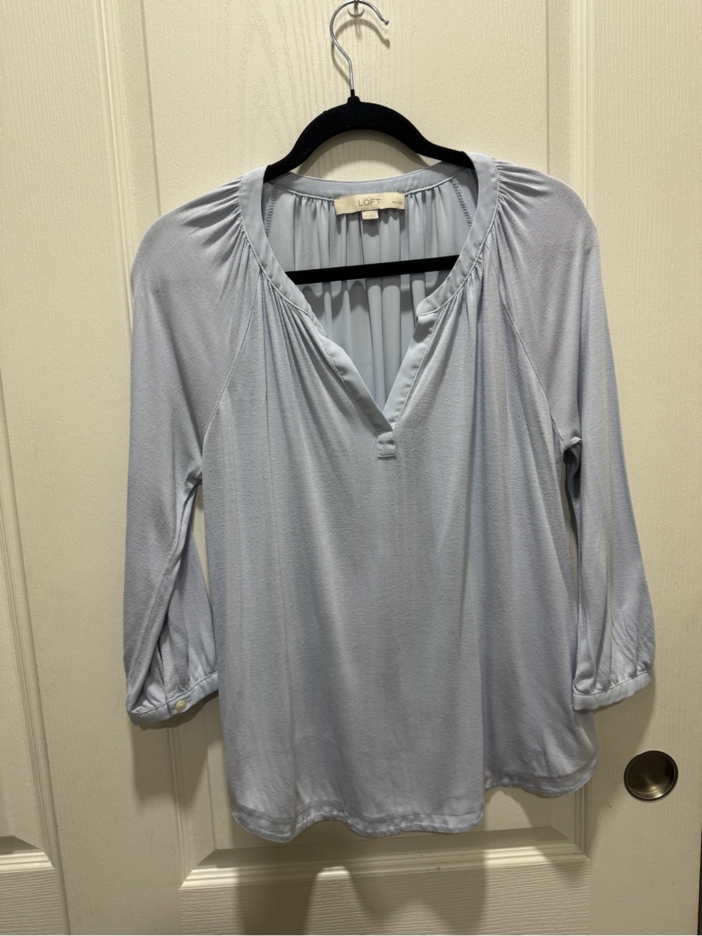 LOFT Petite Women’s Light Blue Split Neck Blouse 3/4 Sleeve MP